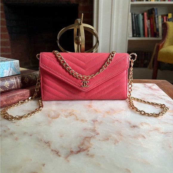 CHANEL Handbags - Chanel Pink and Gold Quilted Chevron Wallet with Chain WOC